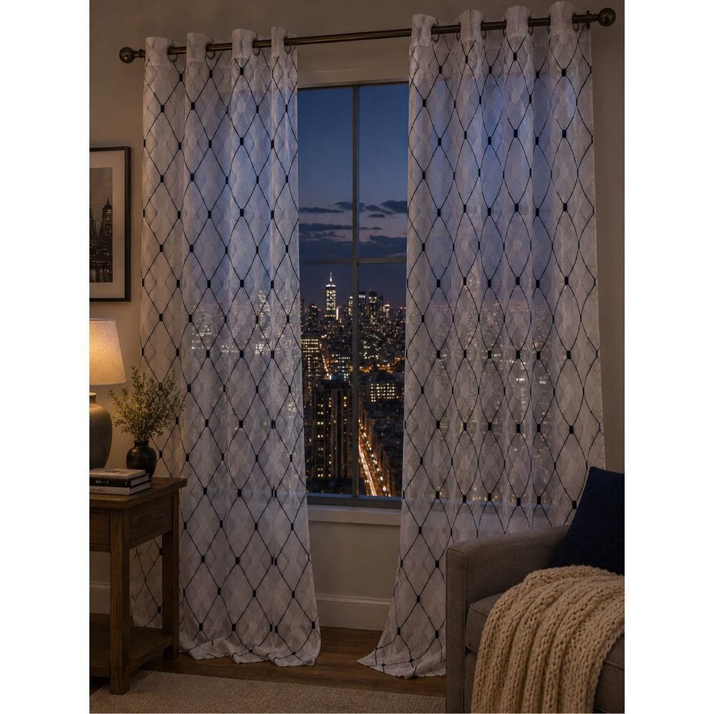 Anthropologie Set Of 2 Embroidered Sheer Curtains White Blue 94x54 See Notes